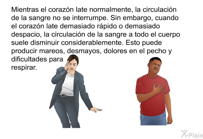 Mientras el corazn late normalmente, la circulacin de la sangre no se interrumpe. Sin embargo, cuando el corazn late demasiado rpido o demasiado despacio, la circulacin de la sangre a todo el cuerpo suele disminuir considerablemente. Esto puede producir mareos, desmayos, dolores en el pecho y dificultades para respirar.