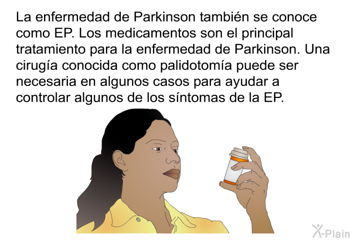 La enfermedad de Parkinson tambin se conoce como EP. Los medicamentos son el principal tratamiento para la enfermedad de Parkinson. Una ciruga conocida como palidotoma puede ser necesaria en algunos casos para ayudar a controlar algunos de los sntomas de la EP.