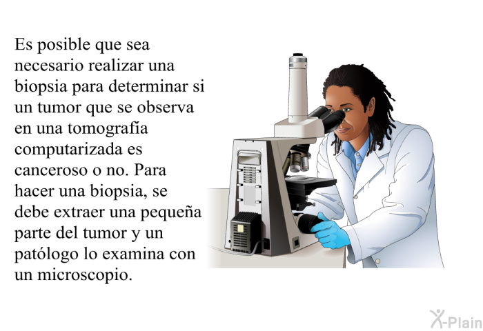 Es posible que sea necesario realizar una biopsia para determinar si un tumor que se observa en una tomografa computarizada es canceroso o no. Para hacer una biopsia, se debe extraer una pequea parte del tumor y un patlogo lo examina con un microscopio.