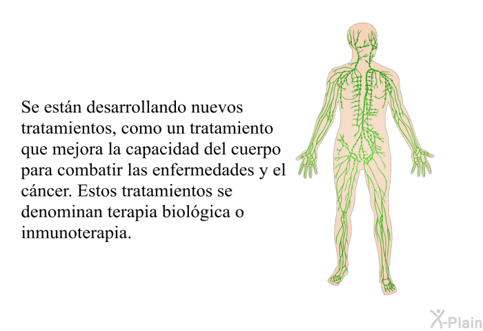 Se estn desarrollando nuevos tratamientos, como un tratamiento que mejora la capacidad del cuerpo para combatir las enfermedades y el cncer. Estos tratamientos se denominan terapia biolgica o inmunoterapia.