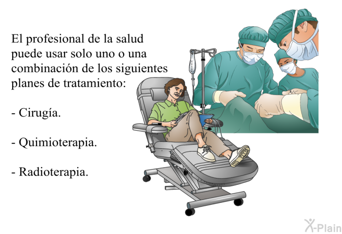 El profesional de la salud puede usar solo uno o una combinaci�n de los siguientes planes de tratamiento:  Cirug�a. Quimioterapia. Radioterapia.