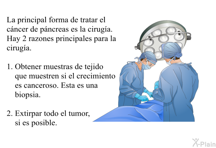 La principal forma de tratar el cncer de pncreas es la ciruga. Hay 2 razones principales para la ciruga.  Obtener muestras de tejido que muestren si el crecimiento es canceroso. Esta es una biopsia. Extirpar todo el tumor, si es posible.