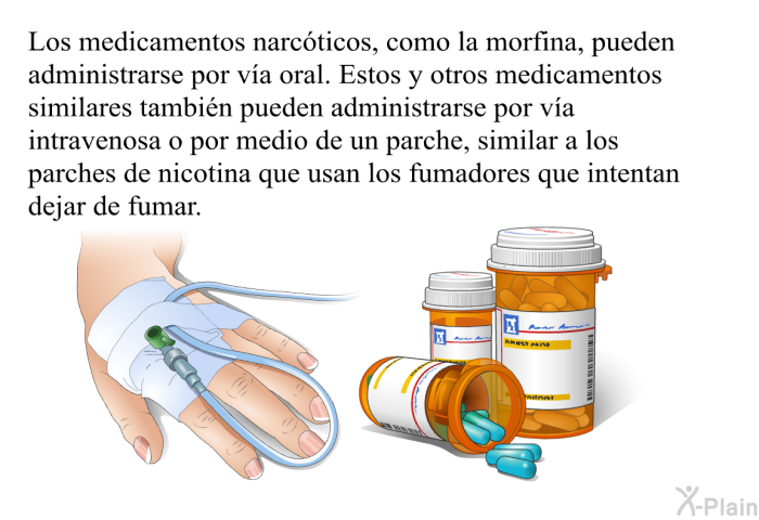 Los medicamentos narcticos, como la morfina, pueden administrarse por va oral. Estos y otros medicamentos similares tambin pueden administrarse por va intravenosa o por medio de un parche, similar a los parches de nicotina que usan los fumadores que intentan dejar de fumar.