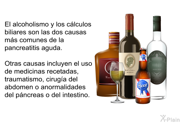 El alcoholismo y los c�lculos biliares son las dos causas m�s comunes de la pancreatitis aguda. Otras causas incluyen el uso de medicinas recetadas, traumatismo, cirug�a del abdomen o anormalidades del p�ncreas o del intestino.