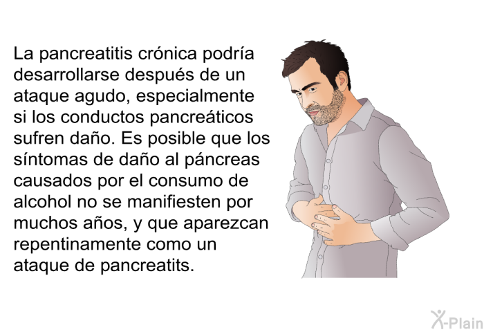La pancreatitis cr�nica podr�a desarrollarse despu�s de un ataque agudo, especialmente si los conductos pancre�ticos sufren da�o. Es posible que los s�ntomas de da�o al p�ncreas causados por el consumo de alcohol no se manifiesten por muchos a�os, y que aparezcan repentinamente como un ataque de pancreatitis.