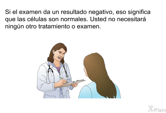 Si el examen da un resultado negativo, eso significa que las clulas son normales. Usted no necesitar ningn otro tratamiento o examen.