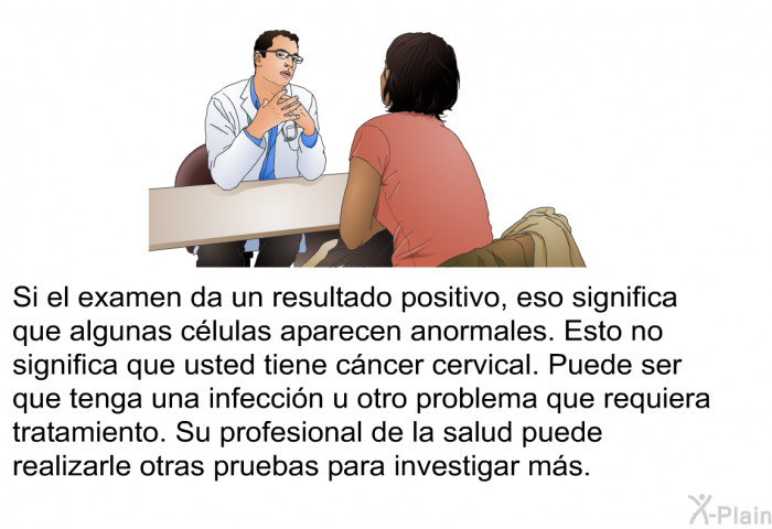 Si el examen da un resultado positivo, eso significa que algunas clulas aparecen anormales. Esto no significa que usted tiene cncer cervical. Puede ser que tenga una infeccin u otro problema que requiera tratamiento. Su profesional de la salud puede realizarle otras pruebas para investigar ms.