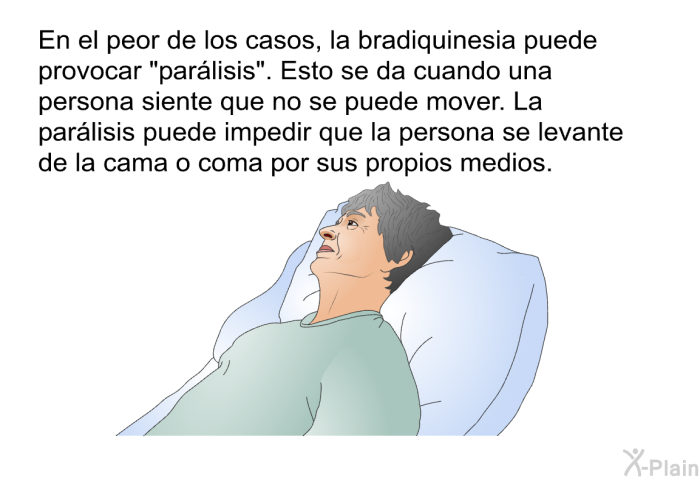 En el peor de los casos, la bradiquinesia puede provocar “parlisis”. Esto se da cuando una persona siente que no se puede mover. La parlisis puede impedir que la persona se levante de la cama o coma por sus propios medios.