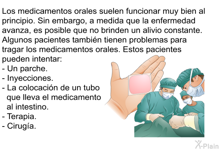 Los medicamentos orales suelen funcionar muy bien al principio. Sin embargo, a medida que la enfermedad avanza, es posible que no brinden un alivio constante. Algunos pacientes tambin tienen problemas para tragar los medicamentos orales. Estos pacientes pueden intentar:  Un parche. Inyecciones. La colocacin de un tubo que lleva el medicamento al intestino. Terapia. Ciruga.