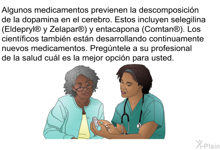 Algunos medicamentos previenen la descomposicin de la dopamina en el cerebro. Estos incluyen selegilina (Eldepryl  y Zelapar ) y entacapona (Comtan ). Los cientficos tambin estn desarrollando continuamente nuevos medicamentos. Pregntele a su profesional de la salud cul es la mejor opcin para usted.