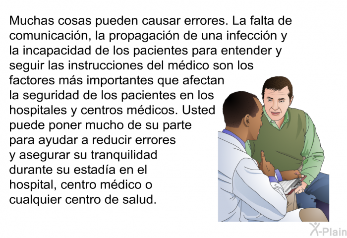 Muchas cosas pueden causar errores. La falta de comunicacin, la propagacin de una infeccin y la incapacidad de los pacientes para entender y seguir las instrucciones del mdico son los factores ms importantes que afectan la seguridad de los pacientes en los hospitales y centros mdicos. Usted puede poner mucho de su parte para ayudar a reducir errores y asegurar su tranquilidad durante su estada en el hospital, centro mdico o cualquier centro de salud.