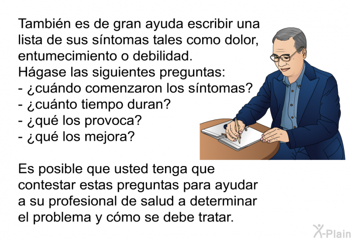 Tambin es de gran ayuda escribir una lista de sus sntomas tales como dolor, entumecimiento o debilidad. Hgase las siguientes preguntas: ¿cundo comenzaron los sntomas?, ¿cunto tiempo duran? , ¿qu los provoca?, ¿qu los mejora? Es posible que usted tenga que contestar estas preguntas para ayudar a su profesional de salud a determinar el problema y cmo se debe tratar.