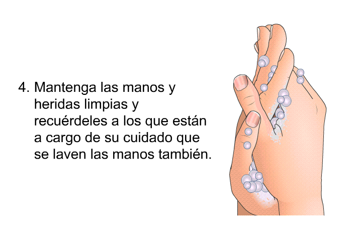 Mantenga las manos y heridas limpias y recu�rdeles a los que est�n a cargo de su cuidado que se laven las manos tambi�n.