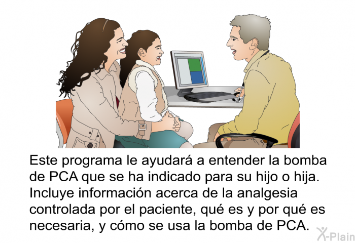 Esta informacin acerca de la salud le ayudar a entender la bomba de PCA que se ha indicado para su hijo o hija. Incluye informacin acerca de la analgesia controlada por el paciente, qu es y por qu es necesaria, y cmo se usa la bomba de PCA.