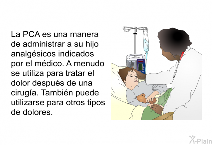 La PCA es una manera de administrar a su hijo analgsicos indicados por el mdico. A menudo se utiliza para tratar el dolor despus de una ciruga. Tambin puede utilizarse para otros tipos de dolores.