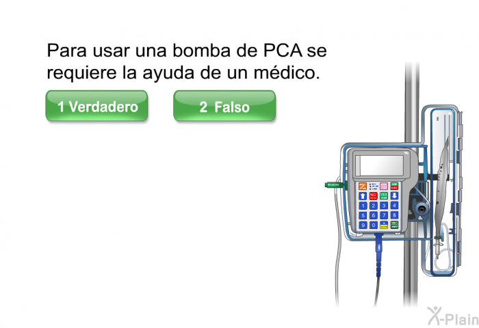 Para usar una bomba de PCA se requiere la ayuda de un mdico. Seleccione Verdadero o Falso.