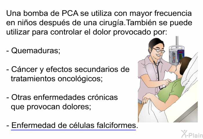 Una bomba de PCA se utiliza con mayor frecuencia en nios despus de una ciruga. Tambin se puede utilizar para controlar el dolor provocado por:  Quemaduras; Cncer y efectos secundarios de tratamientos oncolgicos; Otras enfermedades crnicas que provocan dolores; Enfermedad de clulas falciformes.