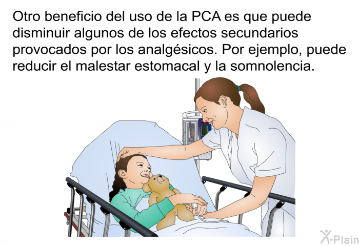 Otro beneficio del uso de la PCA es que puede disminuir algunos de los efectos secundarios provocados por los analgsicos. Por ejemplo, puede reducir el malestar estomacal y la somnolencia.