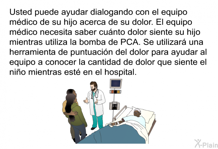 Usted puede ayudar dialogando con el equipo mdico de su hijo acerca de su dolor. El equipo mdico necesita saber cunto dolor siente su hijo mientras utiliza la bomba de PCA. Se utilizar una herramienta de puntuacin del dolor para ayudar al equipo a conocer la cantidad de dolor que siente el nio mientras est en el hospital.