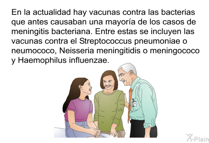 En la actualidad hay vacunas contra las bacterias que antes causaban una mayor�a de los casos de meningitis bacteriana. Entre estas se incluyen las vacunas contra el <I>Streptococcus pneumoniae</I> o neumococo, <I>Neisseria meningitidis</I> o meningococo y <I>Haemophilus influenzae</I>.