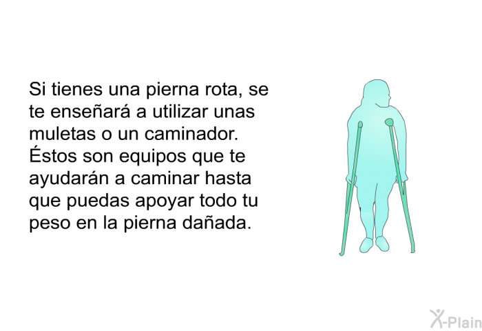 Si tienes una pierna rota, se te ensear a utilizar unas muletas o un caminador. Éstos son equipos que te ayudarn a caminar hasta que puedas apoyar todo tu peso en la pierna daada.