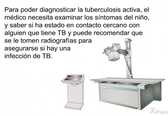 Para poder diagnosticar la tuberculosis activa, el mdico necesita examinar los sntomas del nio, y saber si ha estado en contacto cercano con alguien que tiene TB y puede recomendar que se le tomen radiografas para asegurarse si hay una infeccin de TB.