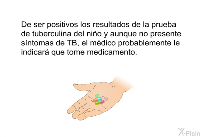 De ser positivos los resultados de la prueba de tuberculina del nio y aunque no presente sntomas de TB, el mdico probablemente le indicar que tome medicamento.