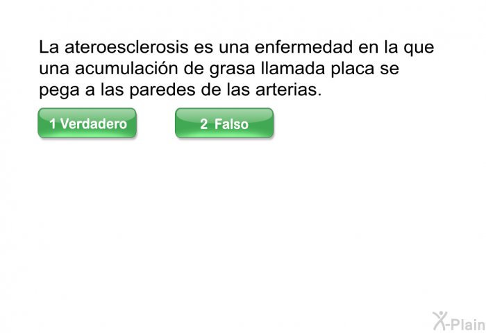 La ateroesclerosis es una enfermedad en la que una acumulacin de grasa llamada placa se pega a las paredes de las arterias.