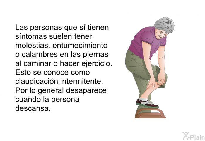 Las personas que s� tienen s�ntomas suelen tener molestias, entumecimiento o calambres en las piernas al caminar o hacer ejercicio. Esto se conoce como claudicaci�n intermitente. Por lo general desaparece cuando la persona descansa.