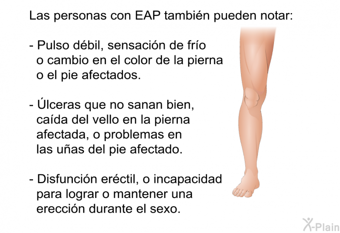 Las personas con EAP tambi�n pueden notar:  Pulso d�bil, sensaci�n de fr�o o cambio en el color de la pierna o el pie afectados. &Uacute;lceras que no sanan bien, ca�da del vello en la pierna afectada, o problemas en las u�as del pie afectado. Disfunci�n er�ctil, o incapacidad para lograr o mantener una erecci�n durante el sexo.