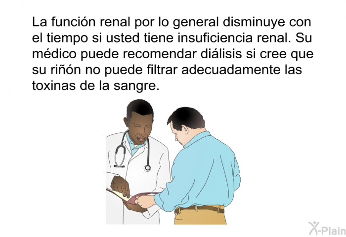 La funcin renal por lo general disminuye con el tiempo si usted tiene insuficiencia renal. Su mdico puede recomendar dilisis si cree que su rin no puede filtrar adecuadamente las toxinas de la sangre.