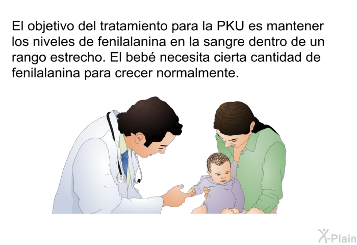 El objetivo del tratamiento para la PKU es mantener los niveles de fenilalanina en la sangre dentro de un rango estrecho. El beb necesita cierta cantidad de fenilalanina para crecer normalmente.