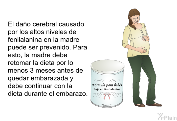 El da�o cerebral causado por los altos niveles de fenilalanina en la madre puede ser prevenido. Para esto, la madre debe retomar la dieta por lo menos 3 meses antes de quedar embarazada y debe continuar con la dieta durante el embarazo.