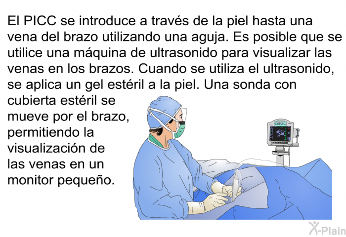 El PICC se introduce a travs de la piel hasta una vena del brazo utilizando una aguja. Es posible que se utilice una mquina de ultrasonido para visualizar las venas en los brazos. Cuando se utiliza el ultrasonido, se aplica un gel estril a la piel. Una sonda con cubierta estril se mueve por el brazo, permitiendo la visualizacin de las venas en un monitor pequeo.