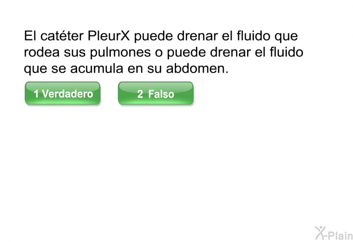 El catter PleurX puede drenar el fluido que rodea sus pulmones o puede drenar el fluido que se acumula en su abdomen. Escoja verdadero o falso.