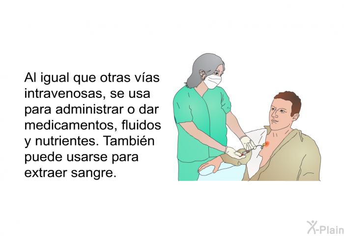 Al igual que otras vas intravenosas, se usa para administrar o dar medicamentos, fluidos y nutrientes. Tambin puede usarse para extraer sangre.