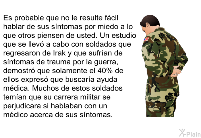 Es probable que no le resulte fcil hablar de sus sntomas por miedo a lo que otros piensen de usted. Un estudio que se llev a cabo con soldados que regresaron de de Irak y que sufran de sntomas de trauma por la guerra, demostr que solamente el 40% de ellos expres que buscara ayuda mdica. Muchos de estos soldados teman que su carrera militar se perjudicara si hablaban con un mdico acerca de sus sntomas.