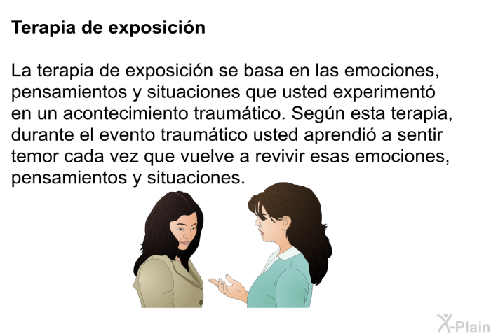 Terapia de exposicin: La terapia de exposicin se basa en las emociones, pensamientos y situaciones que usted experiment en un acontecimiento traumtico. Segn esta terapia, durante el evento traumtico usted aprendi a sentir temor cada vez que vuelve a revivir esas emociones, pensamientos y situaciones.