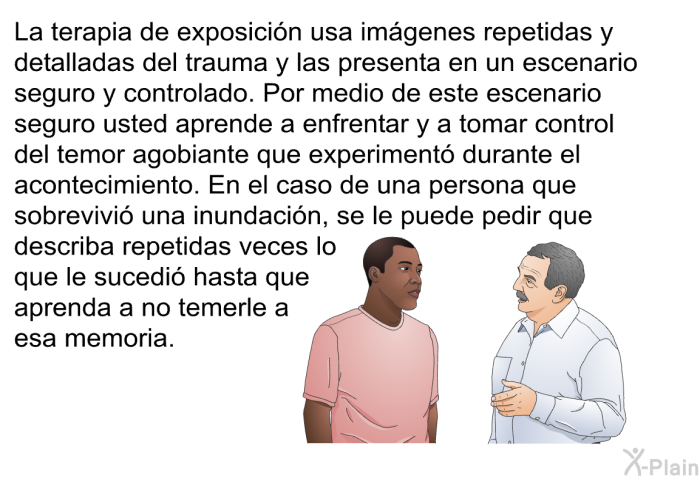 La terapia de exposicin usa imgenes repetidas y detalladas del trauma y las presenta en un escenario seguro y controlado. Por medio de este escenario seguro usted aprende a enfrentar y a tomar control del temor agobiante que experiment durante el acontecimiento. En el caso de una persona que sobrevivi una inundacin, se le puede pedir que describa repetidas veces lo que le sucedi hasta que aprenda a no temerle a esa memoria.