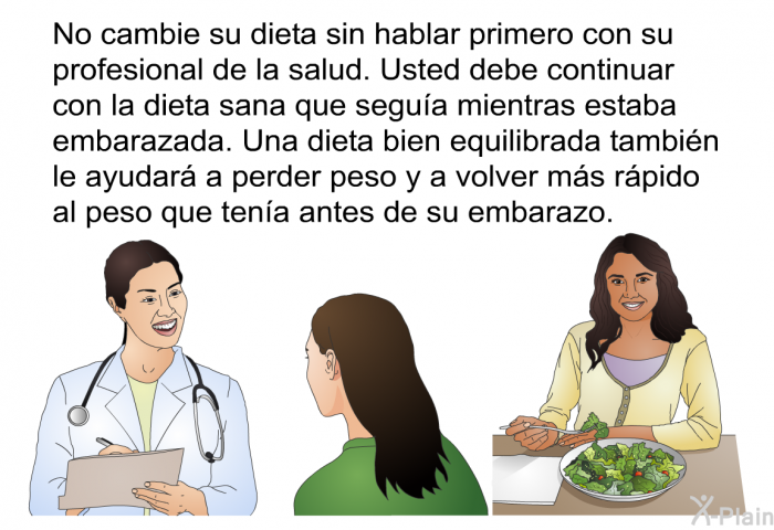 No cambie su dieta sin hablar primero con su profesional de la salud. Usted debe continuar con la dieta sana que segua mientras estaba embarazada. Una dieta bien equilibrada tambin le ayudar a perder peso y a volver ms rpido al peso que tena antes de su embarazo.