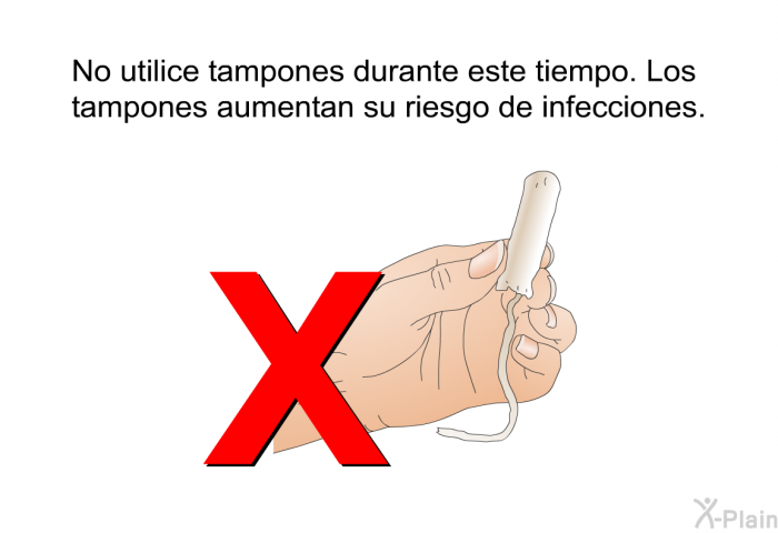 No utilice tampones durante este tiempo. Los tampones aumentan su riesgo de infecciones.