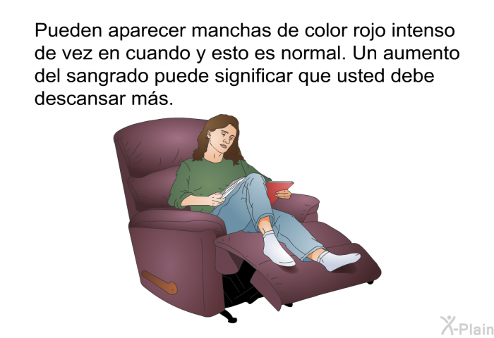Pueden aparecer manchas de color rojo intenso de vez en cuando y esto es normal. Un aumento del sangrado puede significar que usted debe descansar ms.
