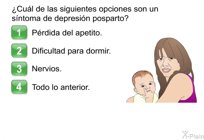 ¿Cul de las siguientes opciones son un sntoma de depresin posparto?  Prdida del apetito. Dificultad para dormir. Nervios. Todo lo anterior.