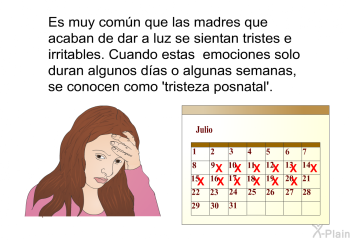 Es muy comn que las madres que acaban de dar a luz se sientan tristes e irritables. Cuando estas emociones solo duran algunos das o algunas semanas, se conocen como  tristeza posnatal'.