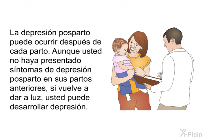 La depresin posparto puede ocurrir despus de cada parto. Aunque usted no haya presentado sntomas de depresin posparto en sus partos anteriores, si vuelve a dar a luz, usted puede desarrollar depresin.