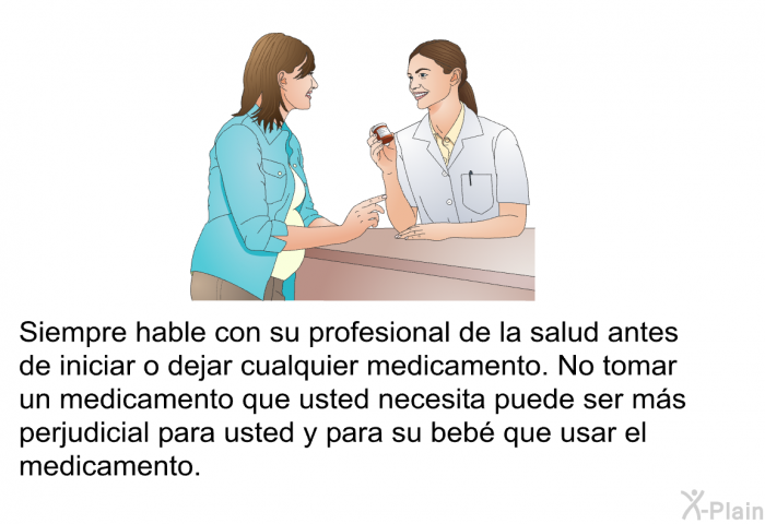 Siempre hable con su profesional de la salud antes de iniciar o dejar cualquier medicamento. No tomar un medicamento que usted necesita puede ser ms perjudicial para usted y para su beb que usar el medicamento.