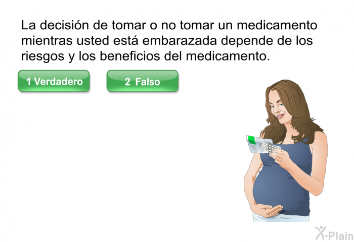 La decisin de tomar o no tomar un medicamento mientras usted est embarazada depende de los riesgos y los beneficios del medicamento.