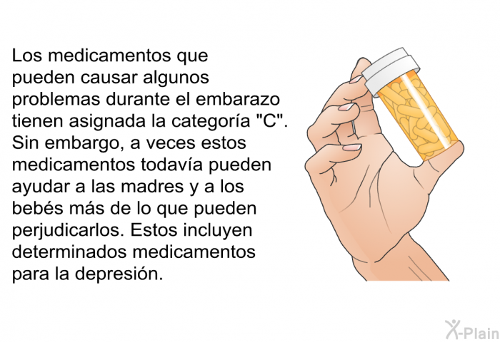 Los medicamentos que pueden causar algunos problemas durante el embarazo tienen asignada la categora “C”. Sin embargo, a veces estos medicamentos todava pueden ayudar a las madres y a los bebs ms de lo que pueden perjudicarlos. Estos incluyen determinados medicamentos para la depresin.