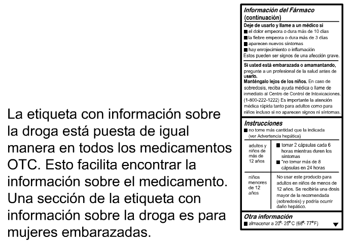 La etiqueta con informacin sobre la droga est puesta de igual manera en todos los medicamentos OTC. Esto facilita encontrar la informacin sobre el medicamento. Una seccin de la etiqueta con informacin sobre la droga es para mujeres embarazadas.
