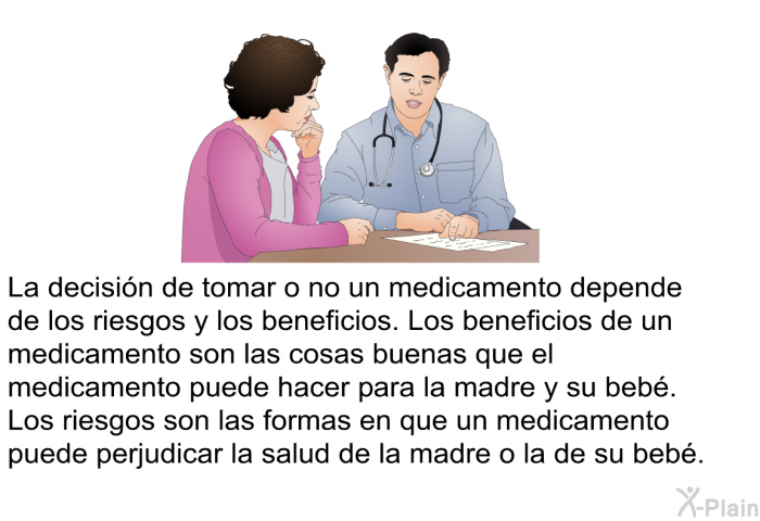 La decisi�n de tomar o no un medicamento depende de los riesgos y los beneficios. Los beneficios de un medicamento son las cosas buenas que el medicamento puede hacer para la madre y su beb�. Los riesgos son las formas en que un medicamento puede perjudicar la salud de la madre o la de su beb�.